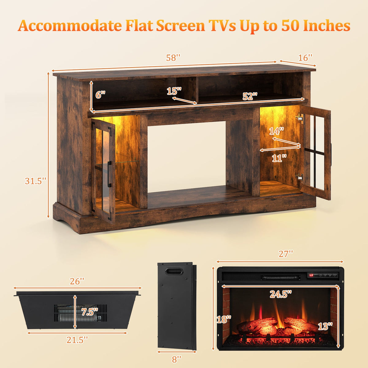 Fireplace TV Stand with LED Lights for TVs up to 50" - Rustic Brown-Entertainment Centers & TV Stands-DECOROLALA