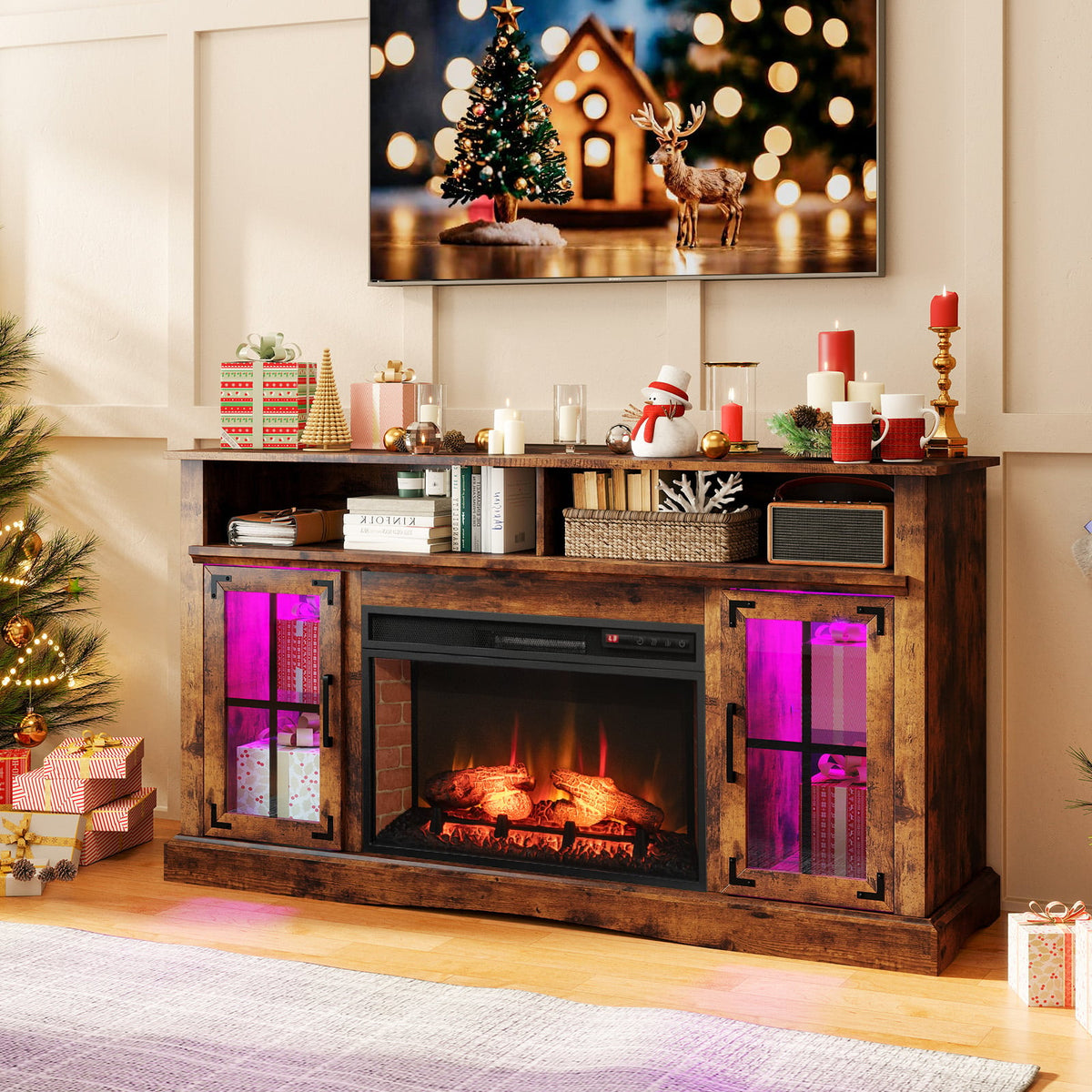 Fireplace TV Stand with LED Lights for TVs up to 50" - Rustic Brown-Entertainment Centers & TV Stands-DECOROLALA