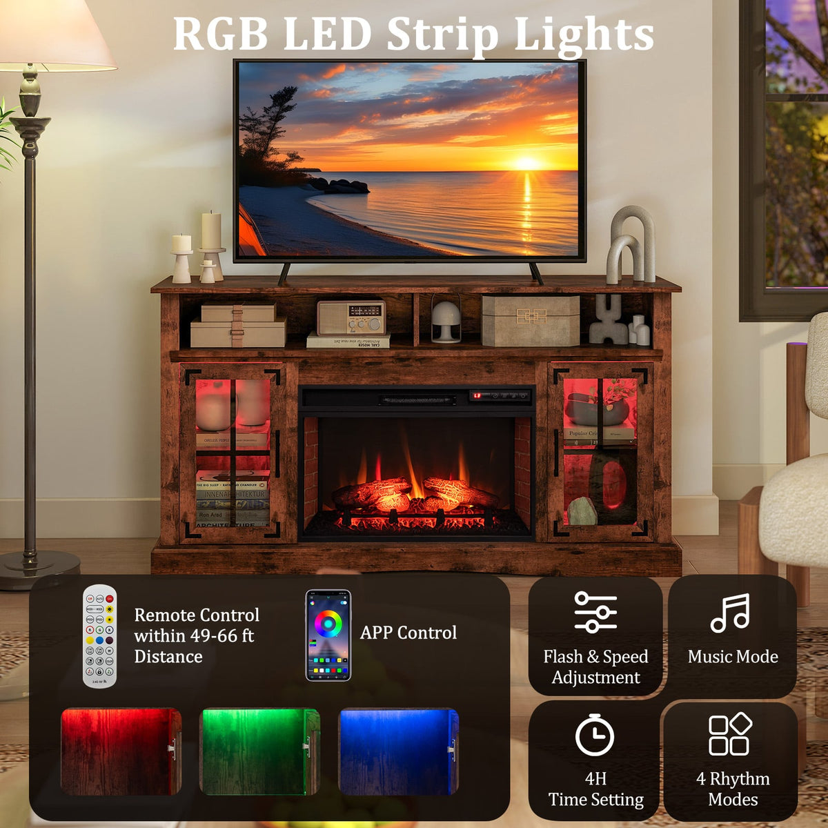 Fireplace TV Stand with LED Lights for TVs up to 50" - Rustic Brown-Entertainment Centers & TV Stands-DECOROLALA