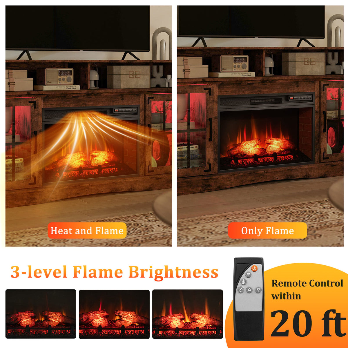 Fireplace TV Stand with LED Lights for TVs up to 50" - Rustic Brown-Entertainment Centers & TV Stands-DECOROLALA