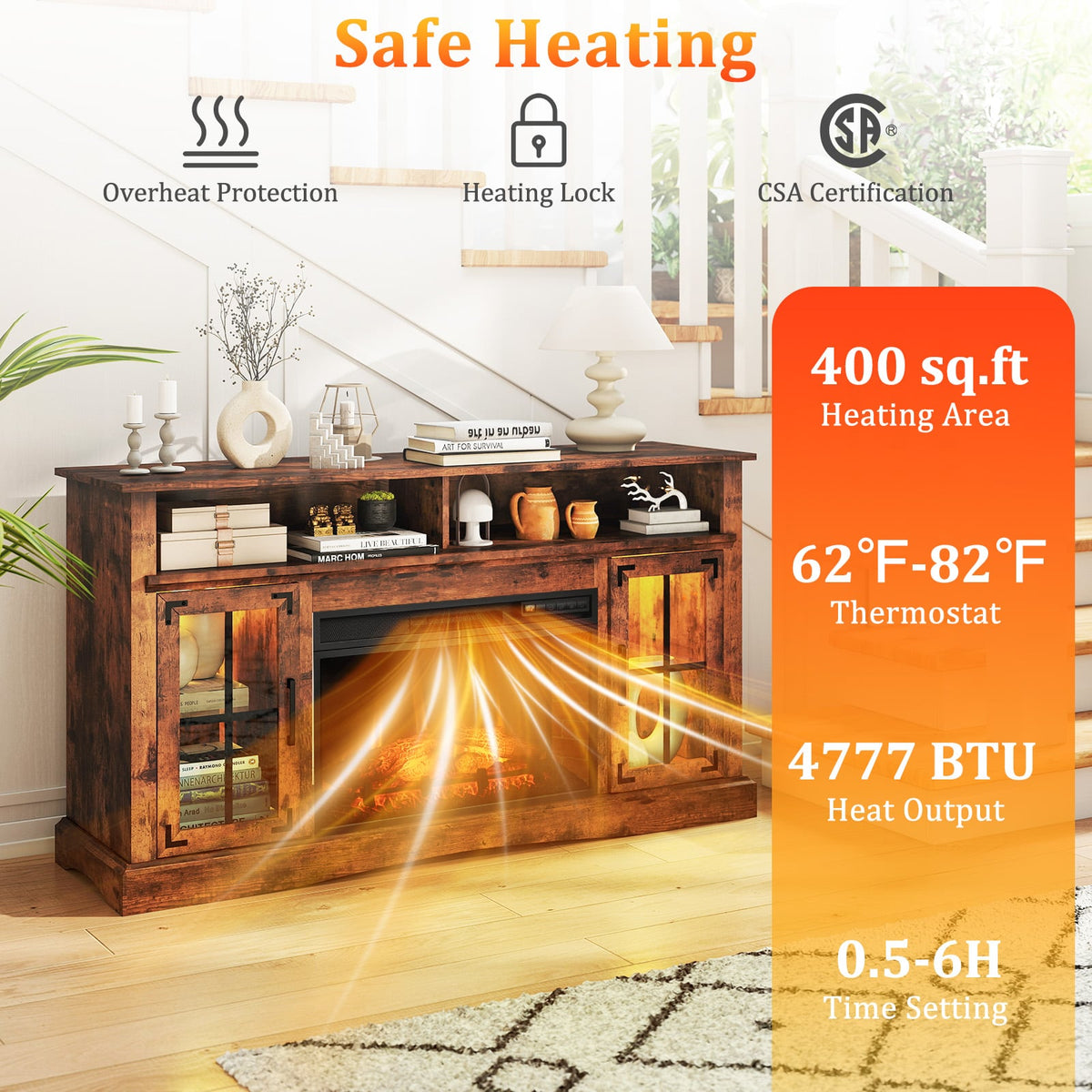 Fireplace TV Stand with LED Lights for TVs up to 50" - Rustic Brown-Entertainment Centers & TV Stands-DECOROLALA