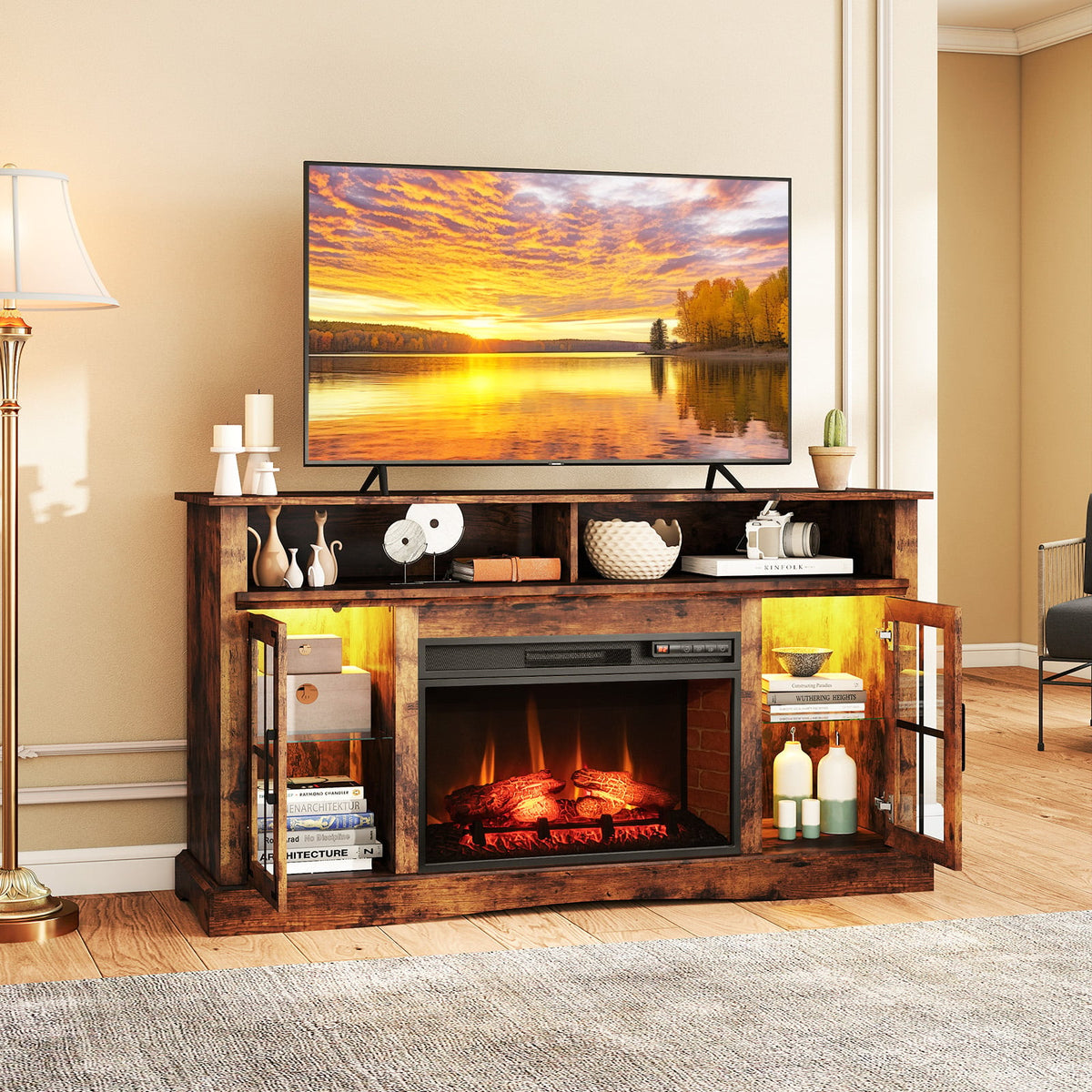 Fireplace TV Stand with LED Lights for TVs up to 50" - Rustic Brown-Entertainment Centers & TV Stands-DECOROLALA