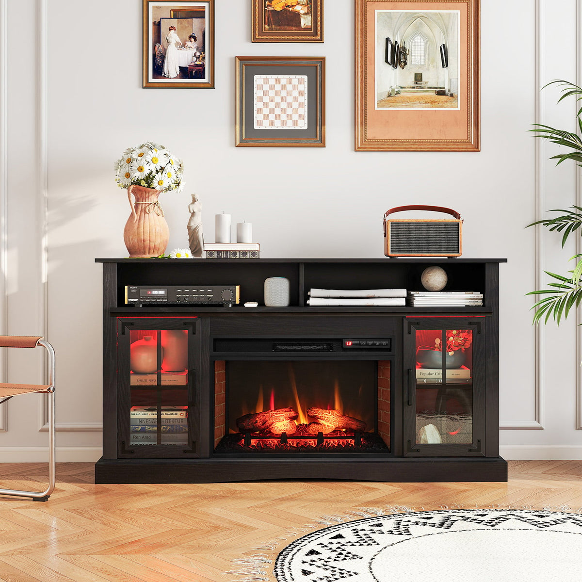 Fireplace TV Stand with RGB LED Lights for TVs Up to 50" - Black-Entertainment Centers & TV Stands-DECOROLALA