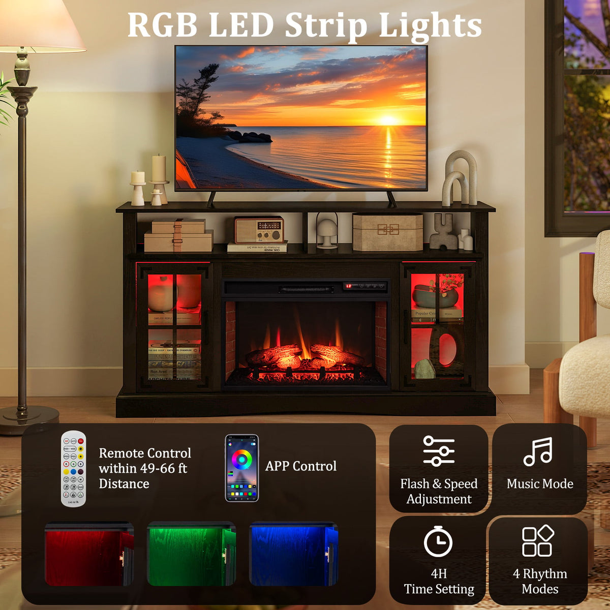 Fireplace TV Stand with RGB LED Lights for TVs Up to 50" - Black-Entertainment Centers & TV Stands-DECOROLALA