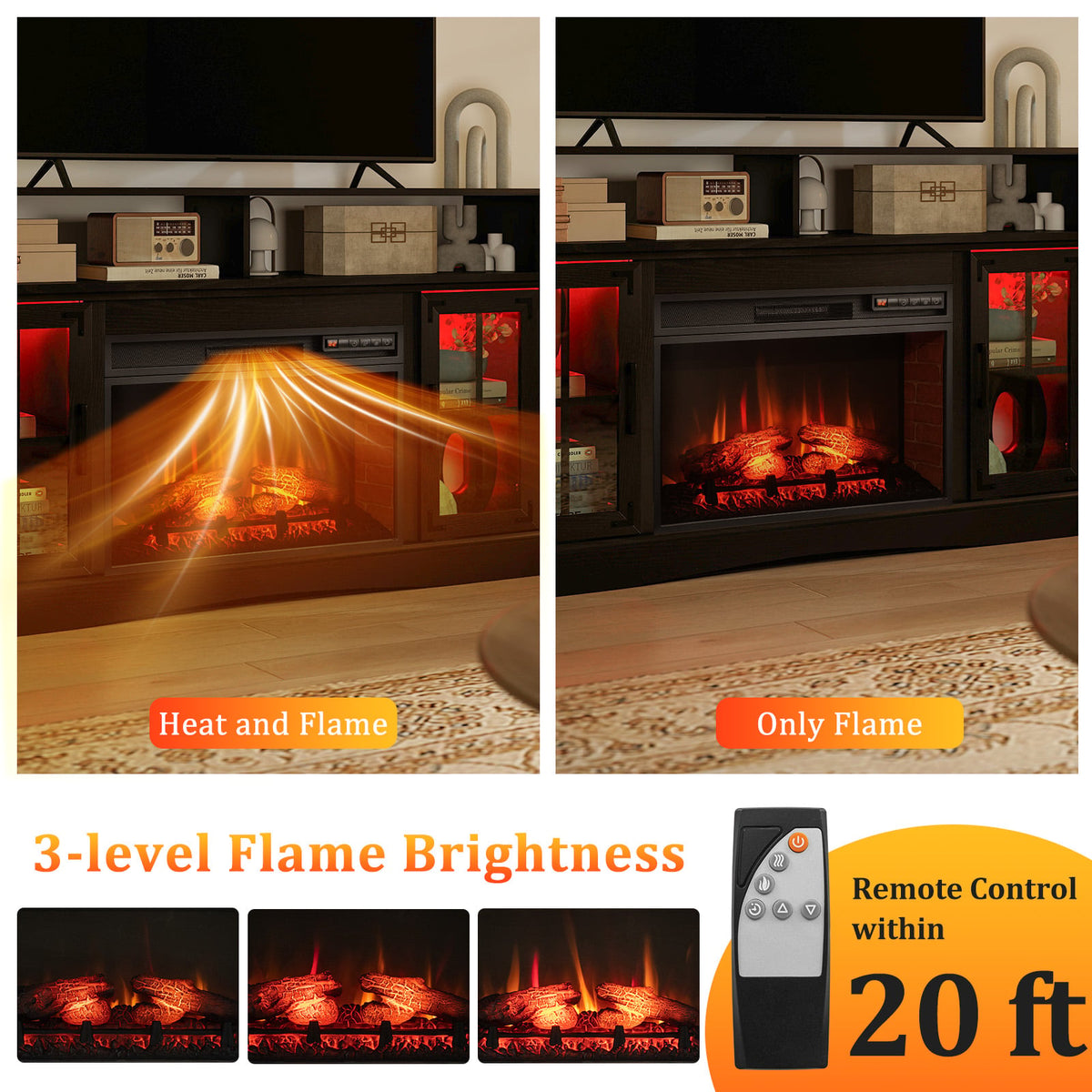 Fireplace TV Stand with RGB LED Lights for TVs Up to 50" - Black-Entertainment Centers & TV Stands-DECOROLALA