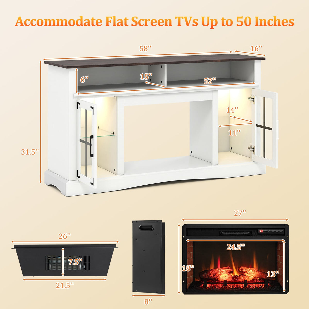 Fireplace TV Stand with RGB LED Lights for TVs up to 50" - White-Entertainment Centers & TV Stands-DECOROLALA