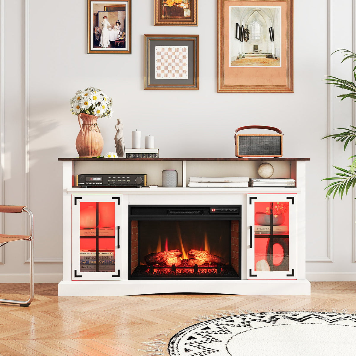 Fireplace TV Stand with RGB LED Lights for TVs up to 50" - White-Entertainment Centers & TV Stands-DECOROLALA