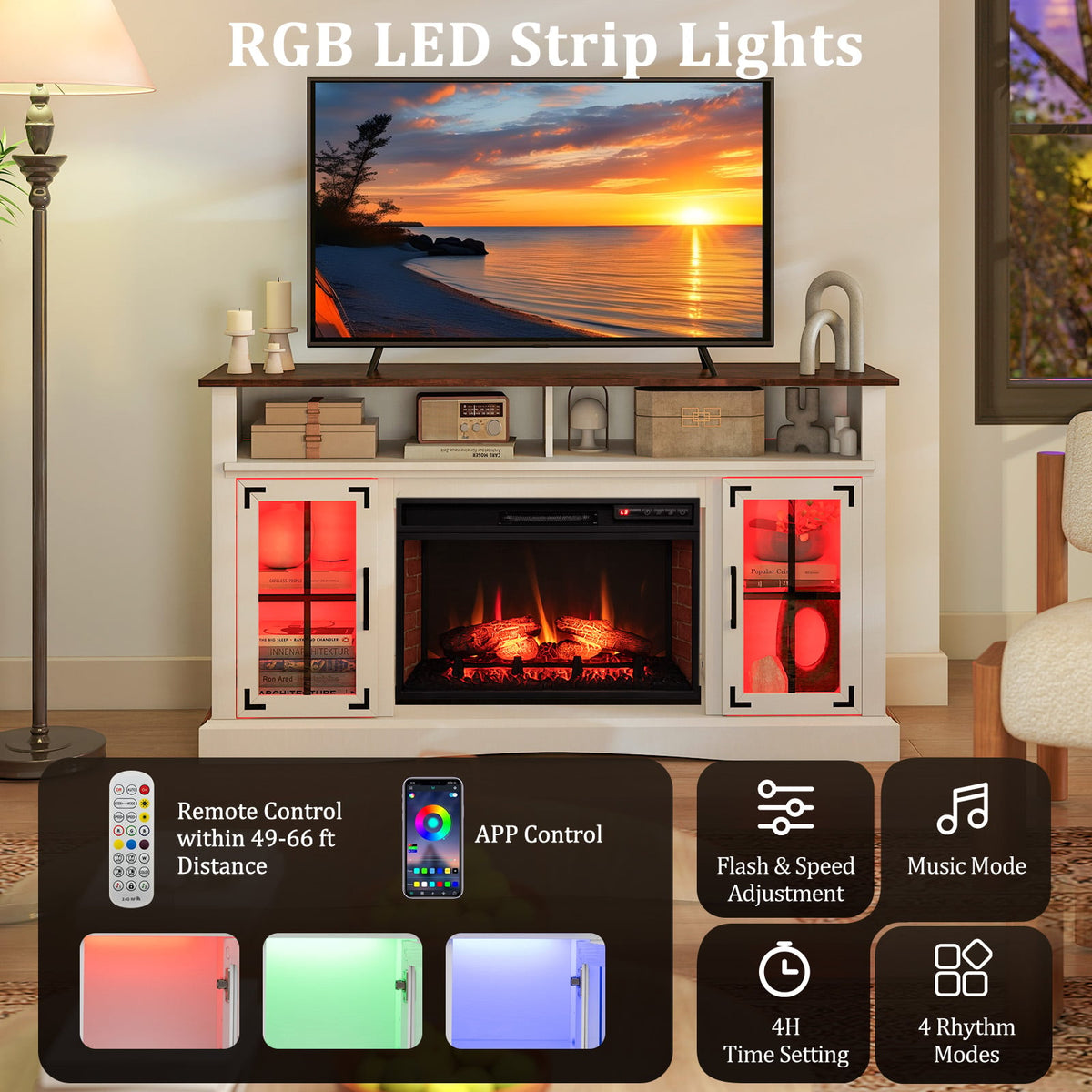 Fireplace TV Stand with RGB LED Lights for TVs up to 50" - White-Entertainment Centers & TV Stands-DECOROLALA