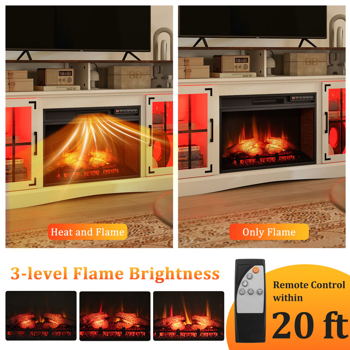 Fireplace TV Stand with RGB LED Lights for TVs up to 50" - White-Entertainment Centers & TV Stands-DECOROLALA