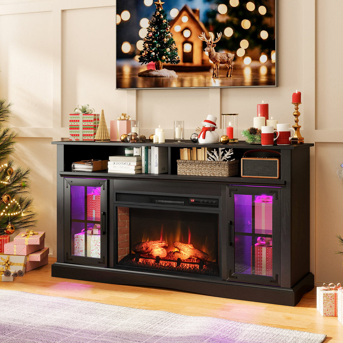 Fireplace TV Stand with Remote Controls and Thermostat for TVs Up to 50 Inch-Black-Entertainment Centers & TV Stands-DECOROLALA