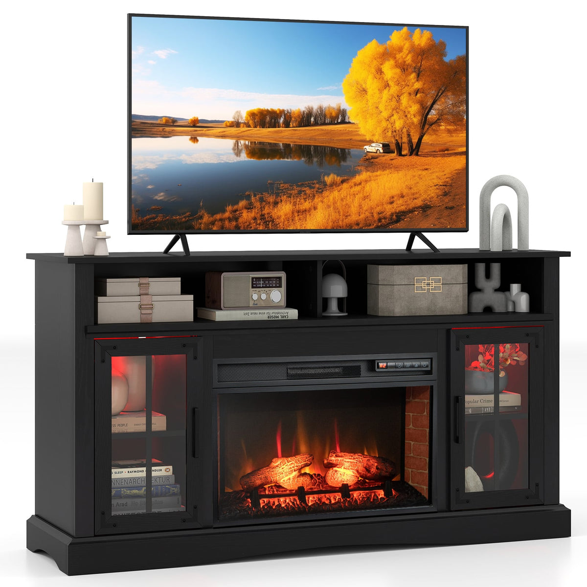 Fireplace TV Stand with Remote Controls and Thermostat for TVs Up to 50 Inch-Black-Entertainment Centers & TV Stands-DECOROLALA
