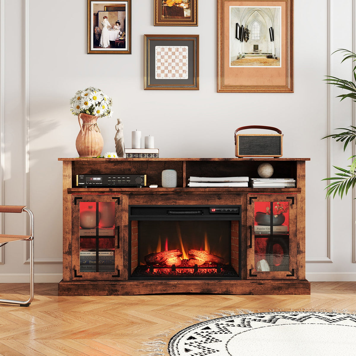 Fireplace TV Stand with Remote Controls and Thermostat for TVs Up to 50 Inch-Rustic Brown-Entertainment Centers & TV Stands-DECOROLALA
