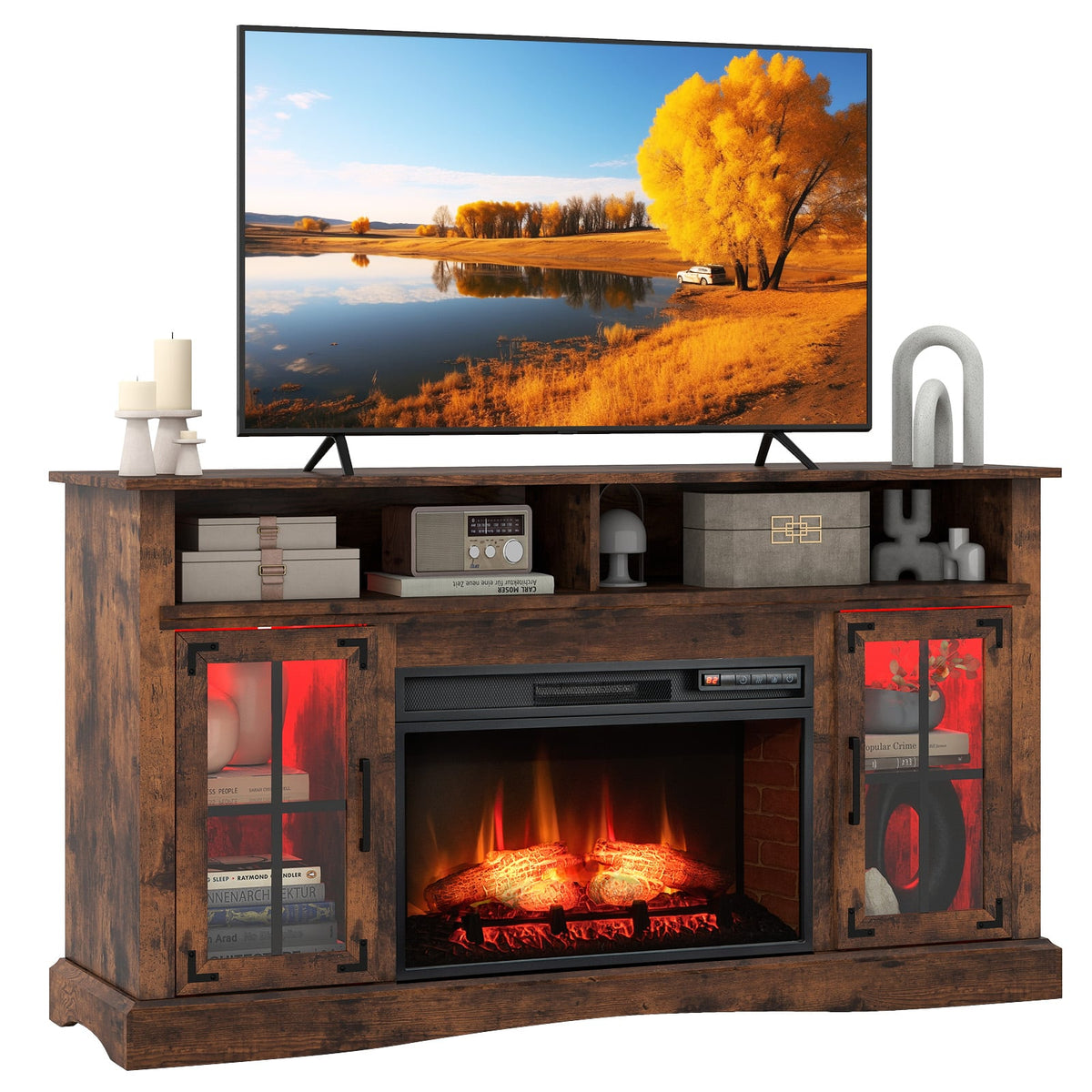 Fireplace TV Stand with Remote Controls and Thermostat for TVs Up to 50 Inch-Rustic Brown-Entertainment Centers & TV Stands-DECOROLALA