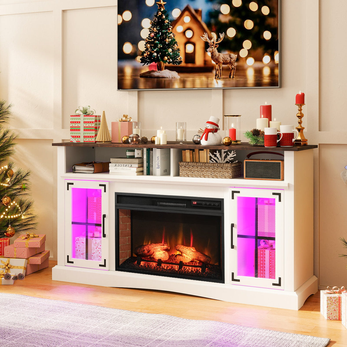 Fireplace TV Stand with Remote Controls and Thermostat for TVs Up to 50 Inch-White-Entertainment Centers & TV Stands-DECOROLALA