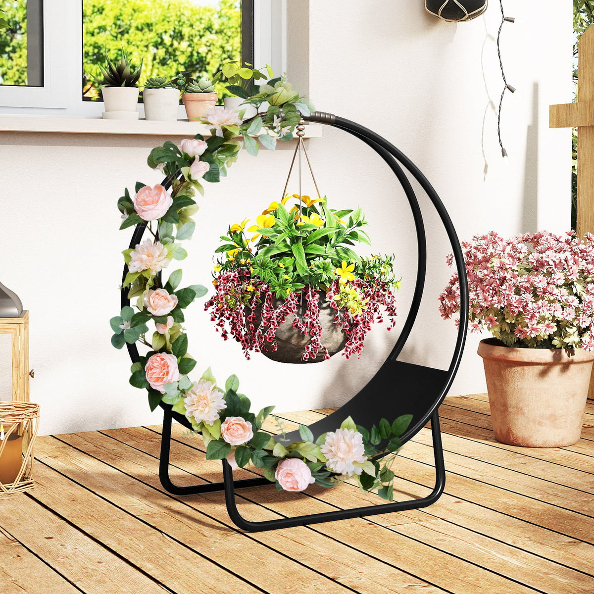 Firewood Log Hoop 20 Inch Round Heavy-duty Metal Curved Log Rack with Stand-Log Racks & Carriers-DECOROLALA