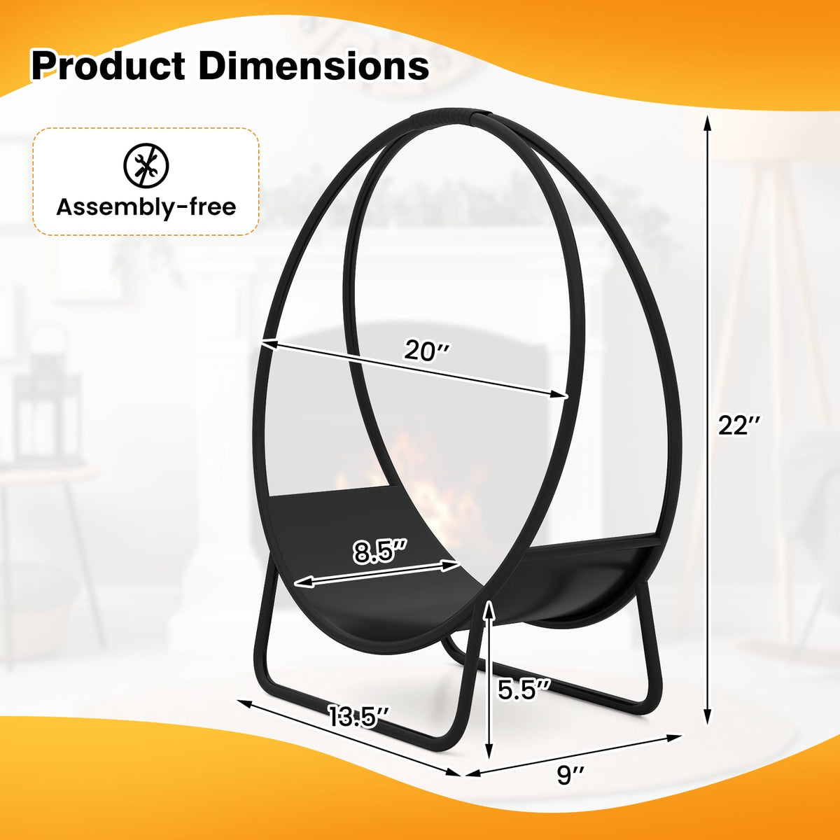 Firewood Log Hoop 20 Inch Round Heavy-duty Metal Curved Log Rack with Stand-Log Racks & Carriers-DECOROLALA