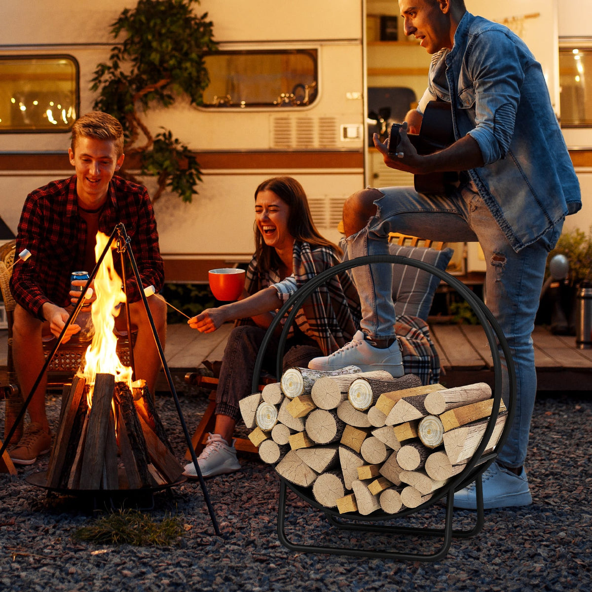 Firewood Log Hoop 20 Inch Round Heavy-duty Metal Curved Log Rack with Stand-Log Racks & Carriers-DECOROLALA