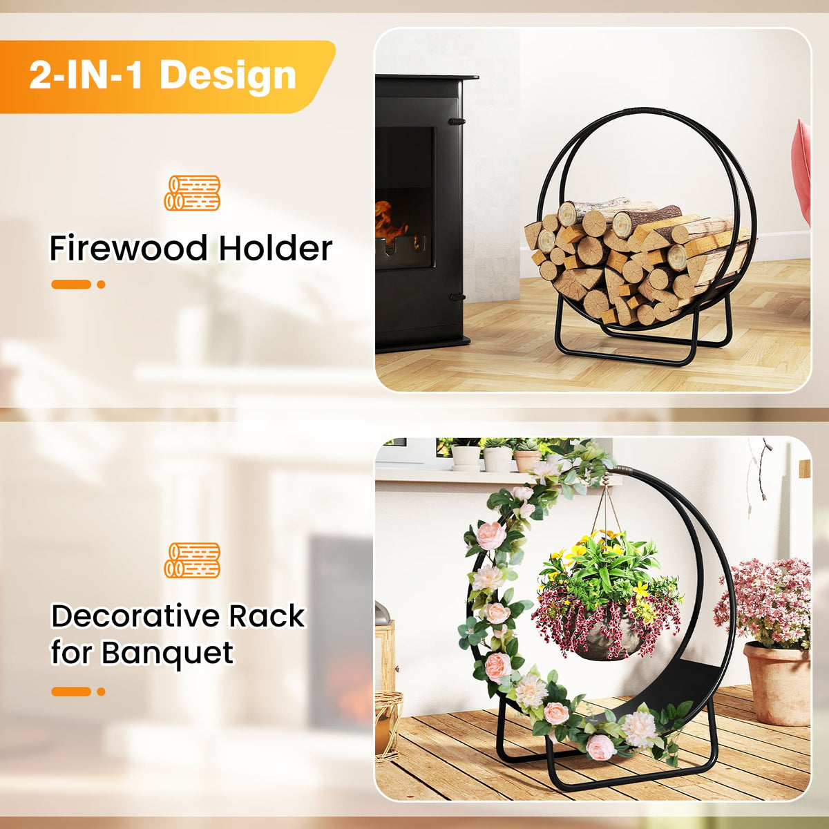 Firewood Log Hoop 20 Inch Round Heavy-duty Metal Curved Log Rack with Stand-Log Racks & Carriers-DECOROLALA