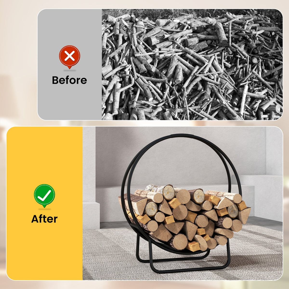 Firewood Log Hoop 20 Inch Round Heavy-duty Metal Curved Log Rack with Stand-Log Racks & Carriers-DECOROLALA