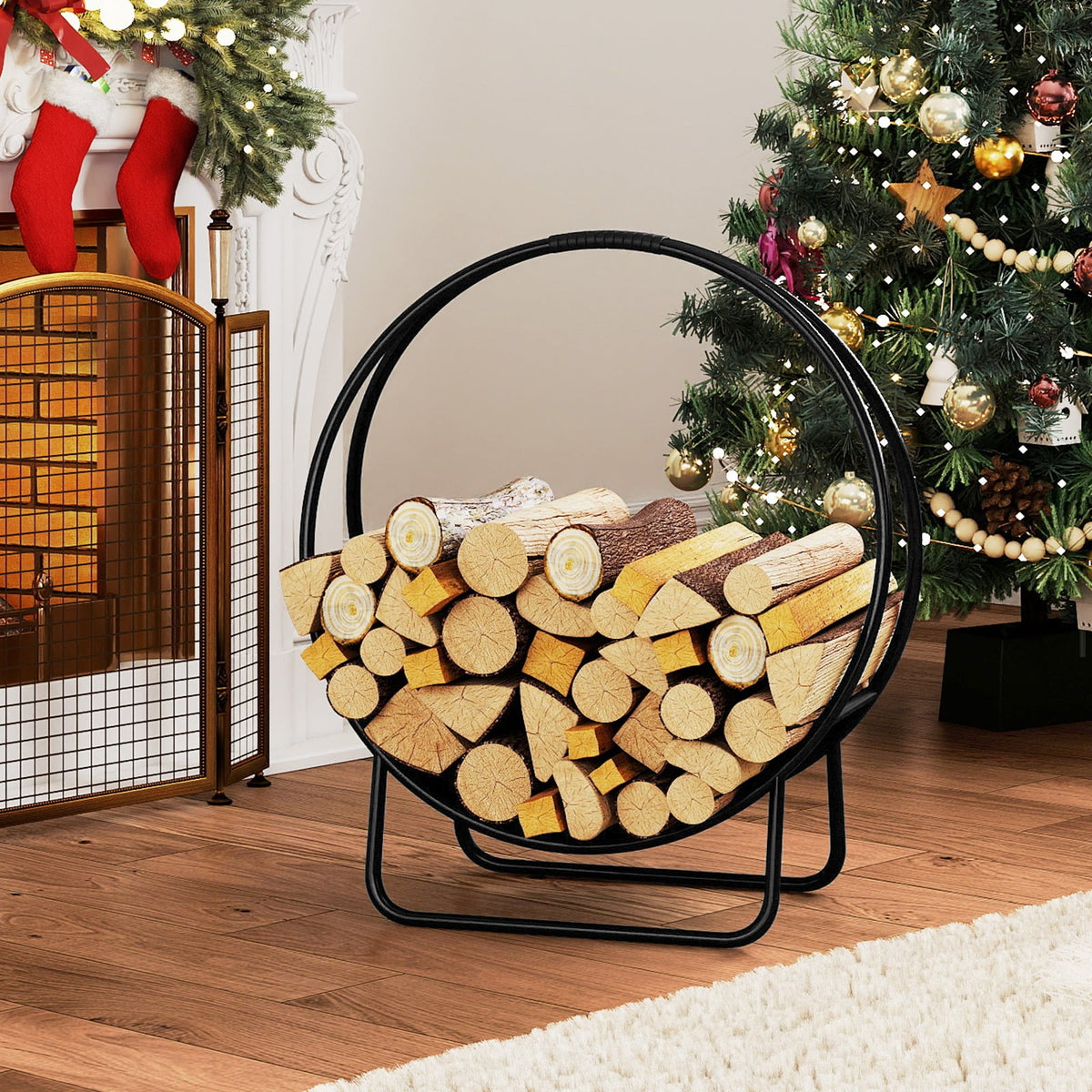 Firewood Log Hoop 20 Inch Round Heavy-duty Metal Curved Log Rack with Stand-Log Racks & Carriers-DECOROLALA