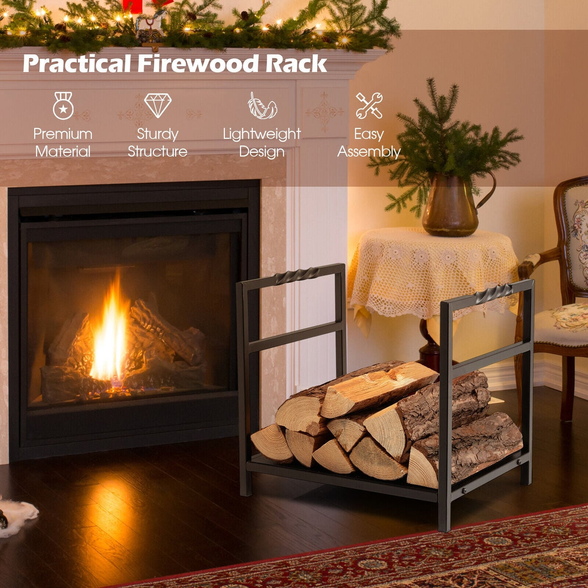 Firewood Log Rack with Unique Handle and Raised Feet-Black-Log Racks & Carriers-DECOROLALA