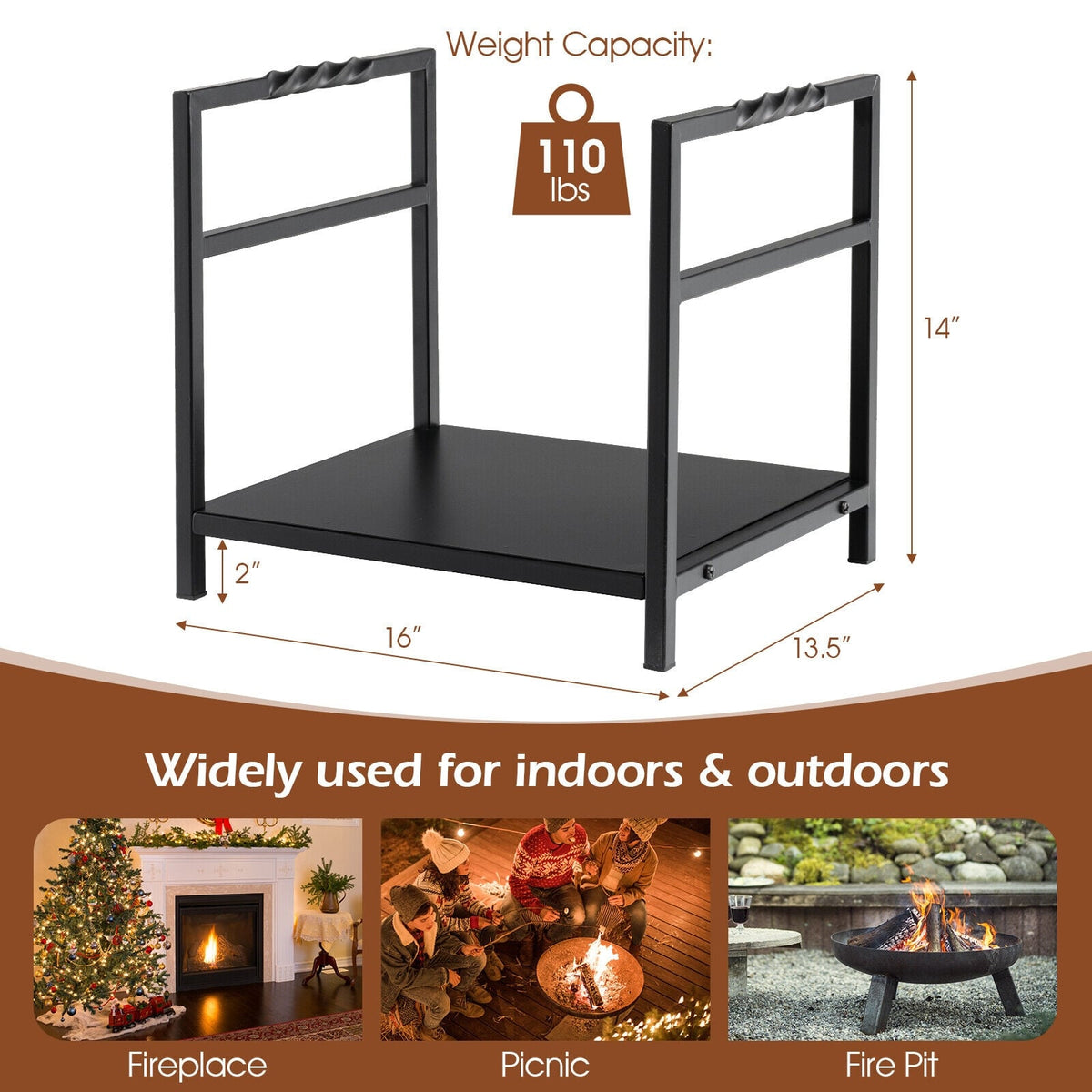 Firewood Log Rack with Unique Handle and Raised Feet-Black-Log Racks & Carriers-DECOROLALA