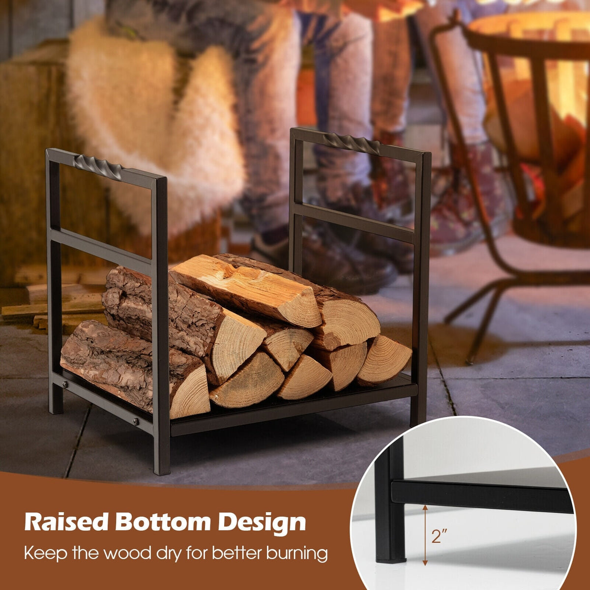 Firewood Log Rack with Unique Handle and Raised Feet-Black-Log Racks & Carriers-DECOROLALA