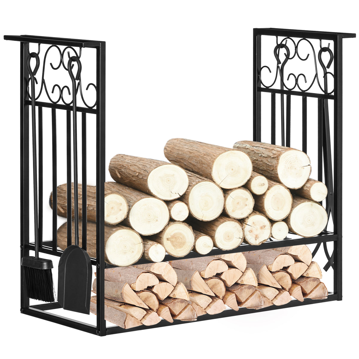 Firewood Log Rack with 4 Tools - Black Steel 29.5"-Firewood Racks-DECOROLALA
