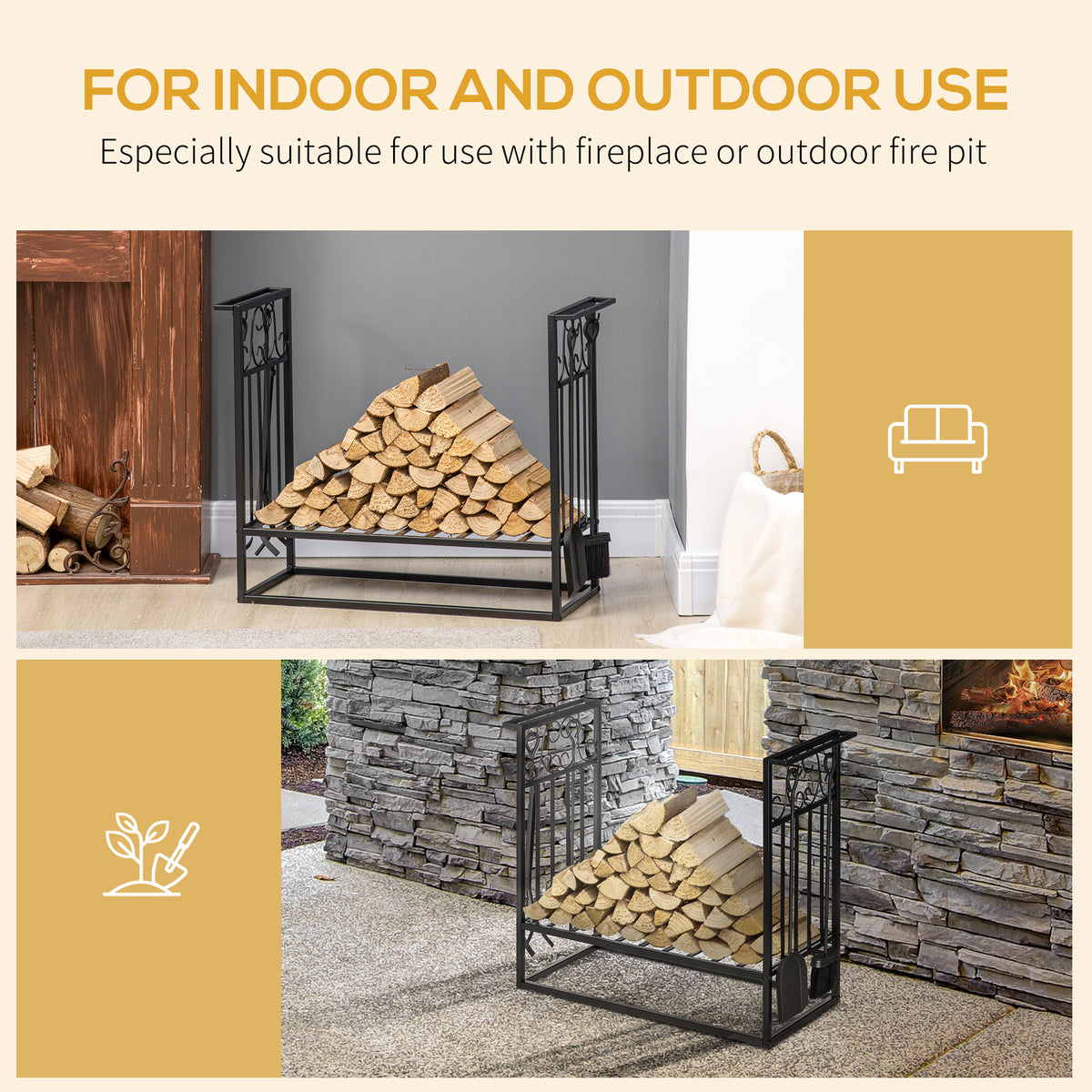 Firewood Log Rack with 4 Tools - Black Steel 29.5"-Firewood Racks-DECOROLALA
