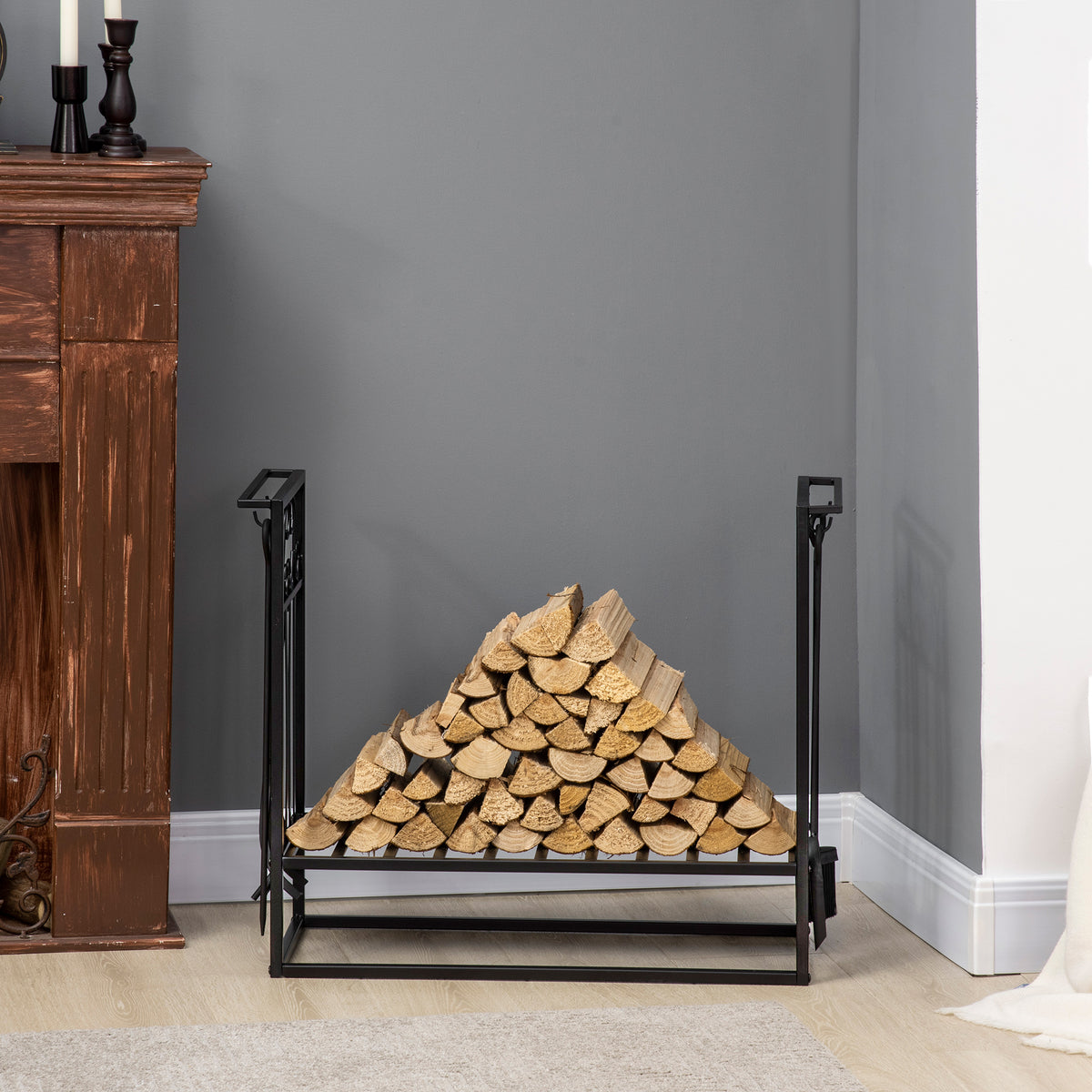 Firewood Log Rack with 4 Tools - Black Steel 29.5"-Firewood Racks-DECOROLALA
