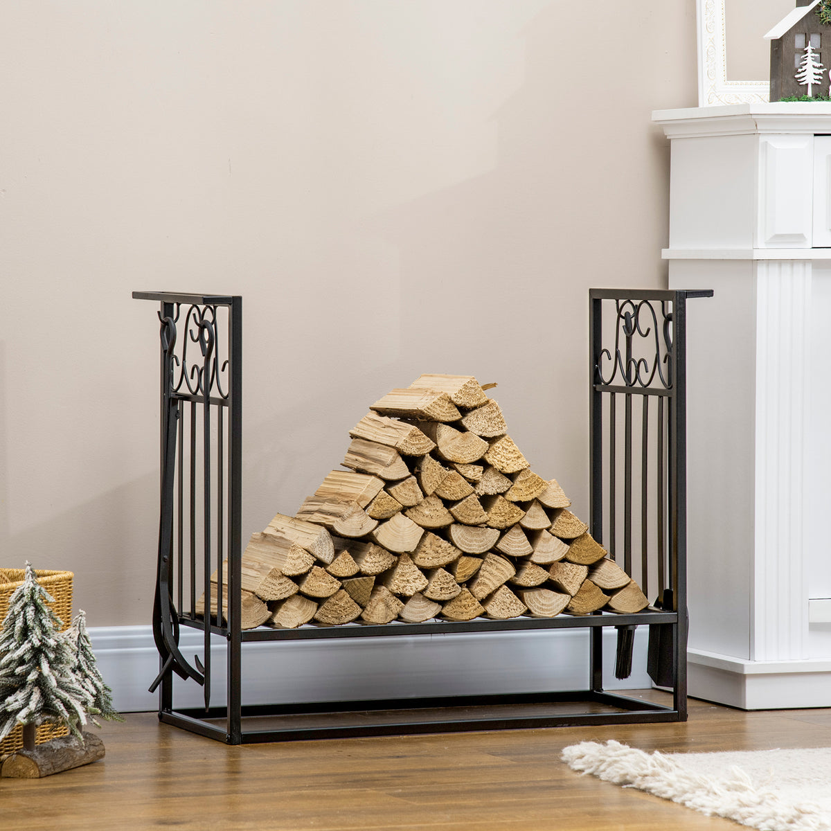 Firewood Log Rack with 4 Tools - Black Steel 29.5"-Firewood Racks-DECOROLALA
