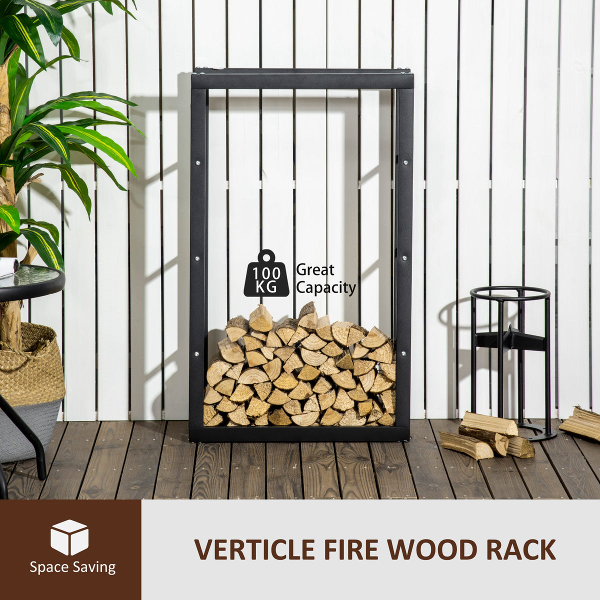 Firewood Rack - 23.6" Steel Log Holder with Handles, Black-Firewood Racks-DECOROLALA