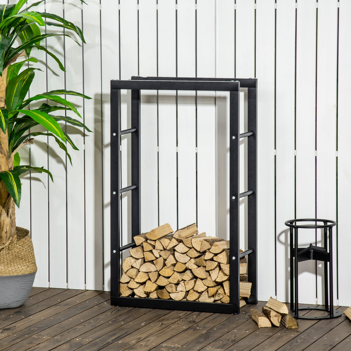 Firewood Rack - 23.6" Steel Log Holder with Handles, Black-Firewood Racks-DECOROLALA
