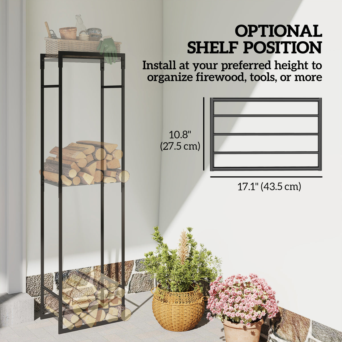 Firewood Rack - Black Metal Log Holder with Shelf-Firewood Racks-DECOROLALA