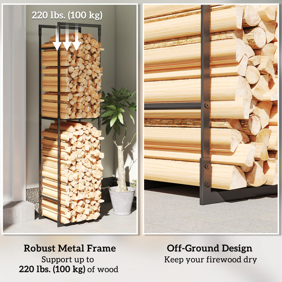 Firewood Rack - Black Metal Log Holder with Shelf-Firewood Racks-DECOROLALA