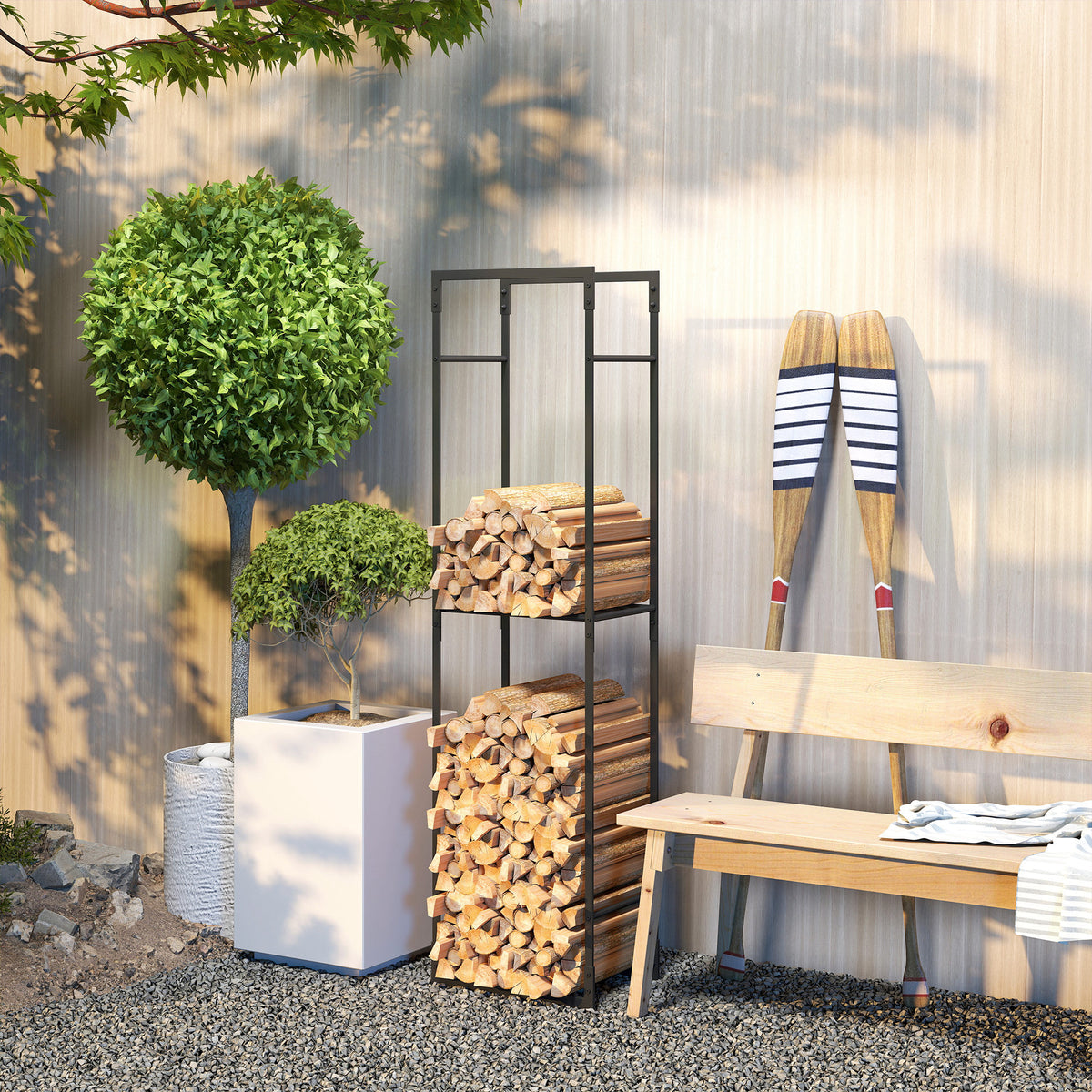 Firewood Rack - Black Metal Log Holder with Shelf-Firewood Racks-DECOROLALA