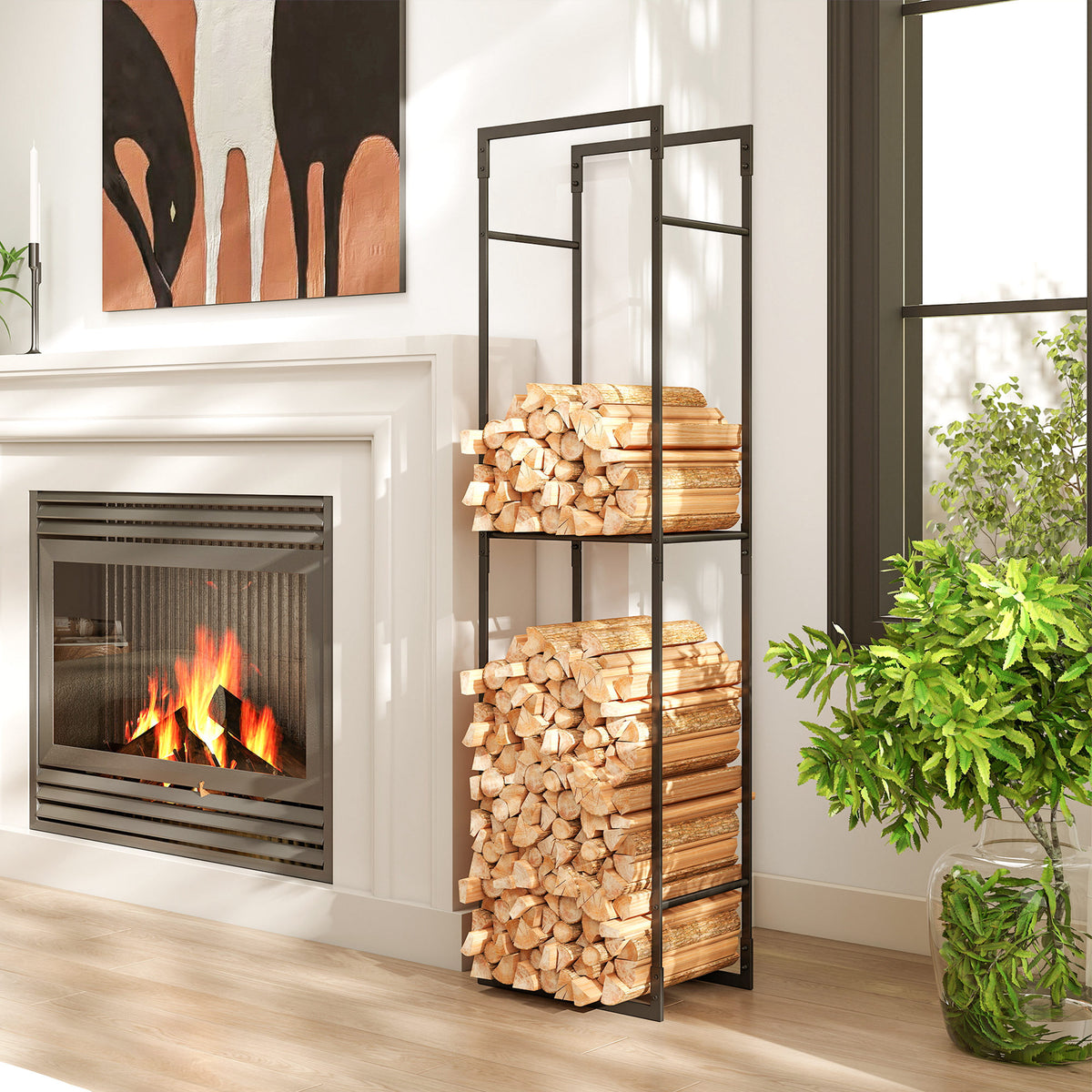 Firewood Rack - Black Metal Log Holder with Shelf-Firewood Racks-DECOROLALA