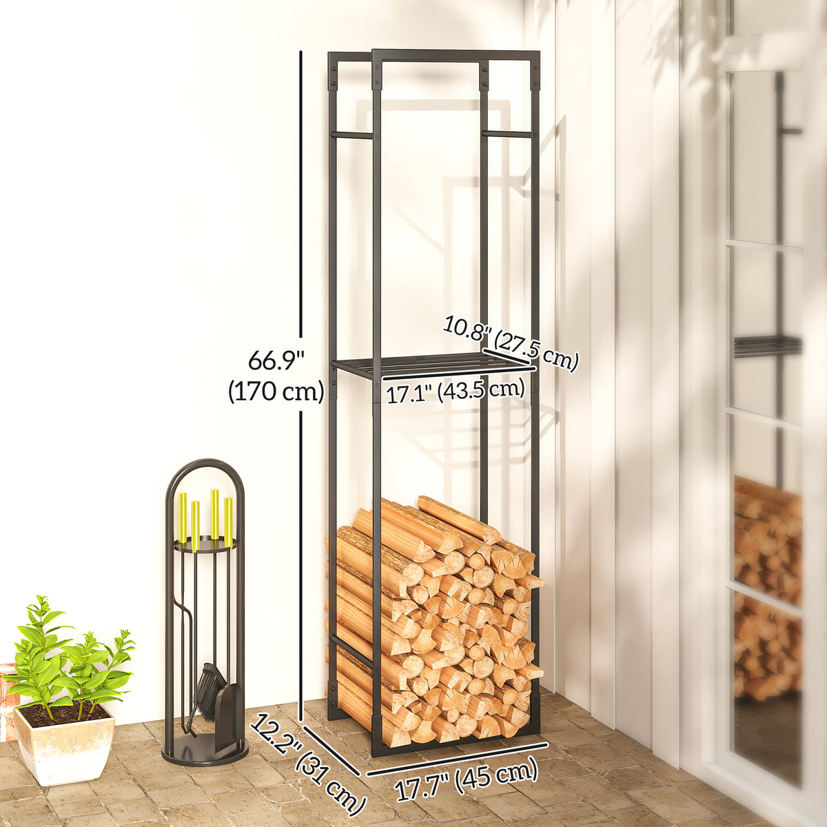 Firewood Rack - Black Metal Log Holder with Shelf-Firewood Racks-DECOROLALA
