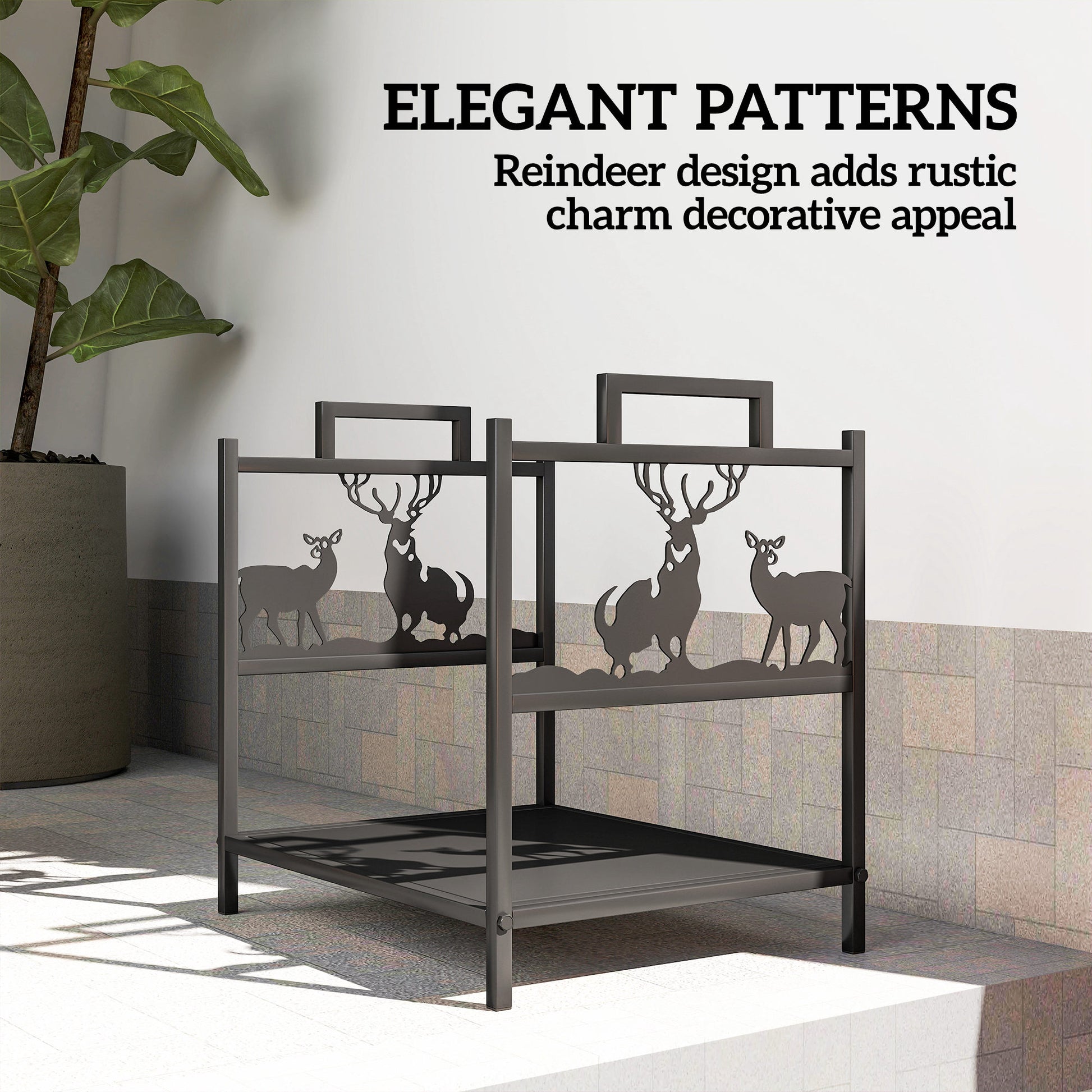 Firewood Rack - Black Reindeer Design Metal Log Holder-Home Furnishings > Home Décor > Fireplaces & Accessories > Firewood Racks-DECOROLALA