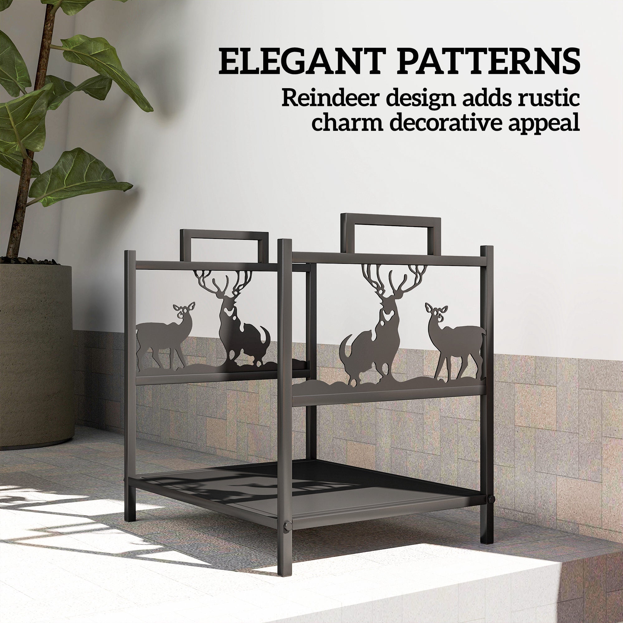 Firewood Rack - Black Reindeer Design Metal Log Holder-Home Furnishings > Home Décor > Fireplaces & Accessories > Firewood Racks-DECOROLALA