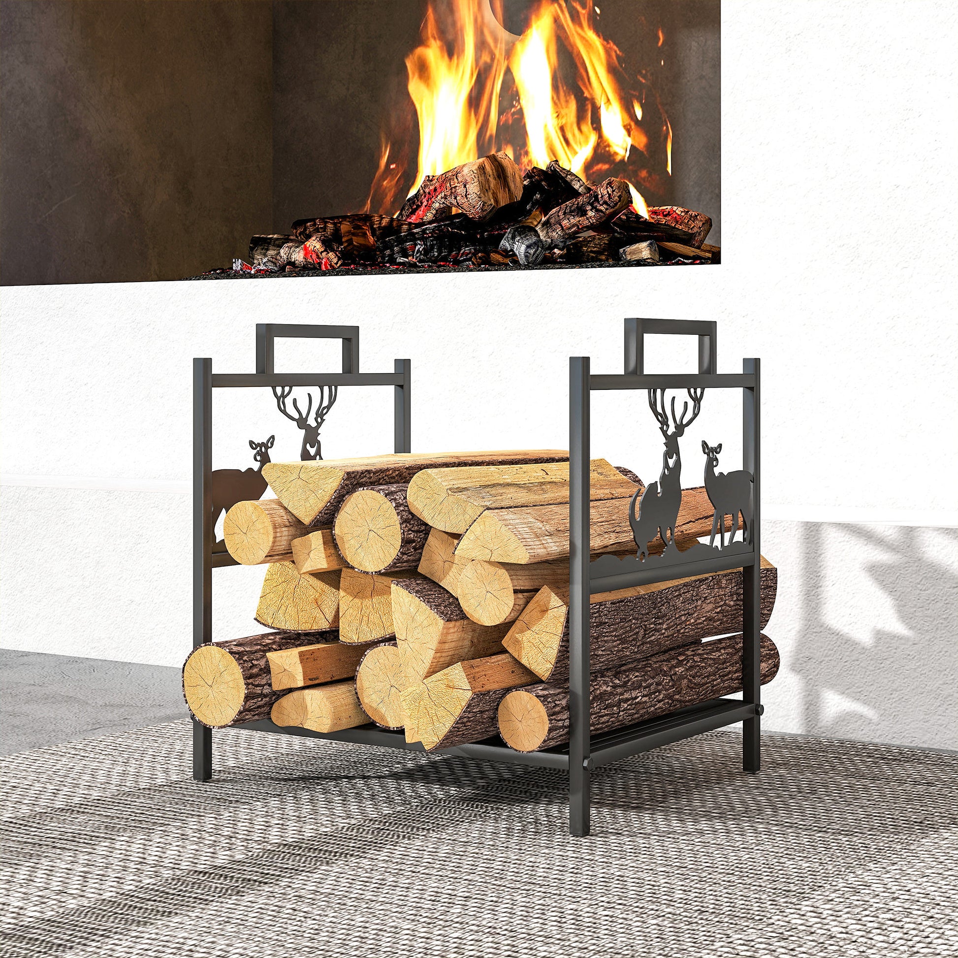 Firewood Rack - Black Reindeer Design Metal Log Holder-Home Furnishings > Home Décor > Fireplaces & Accessories > Firewood Racks-DECOROLALA