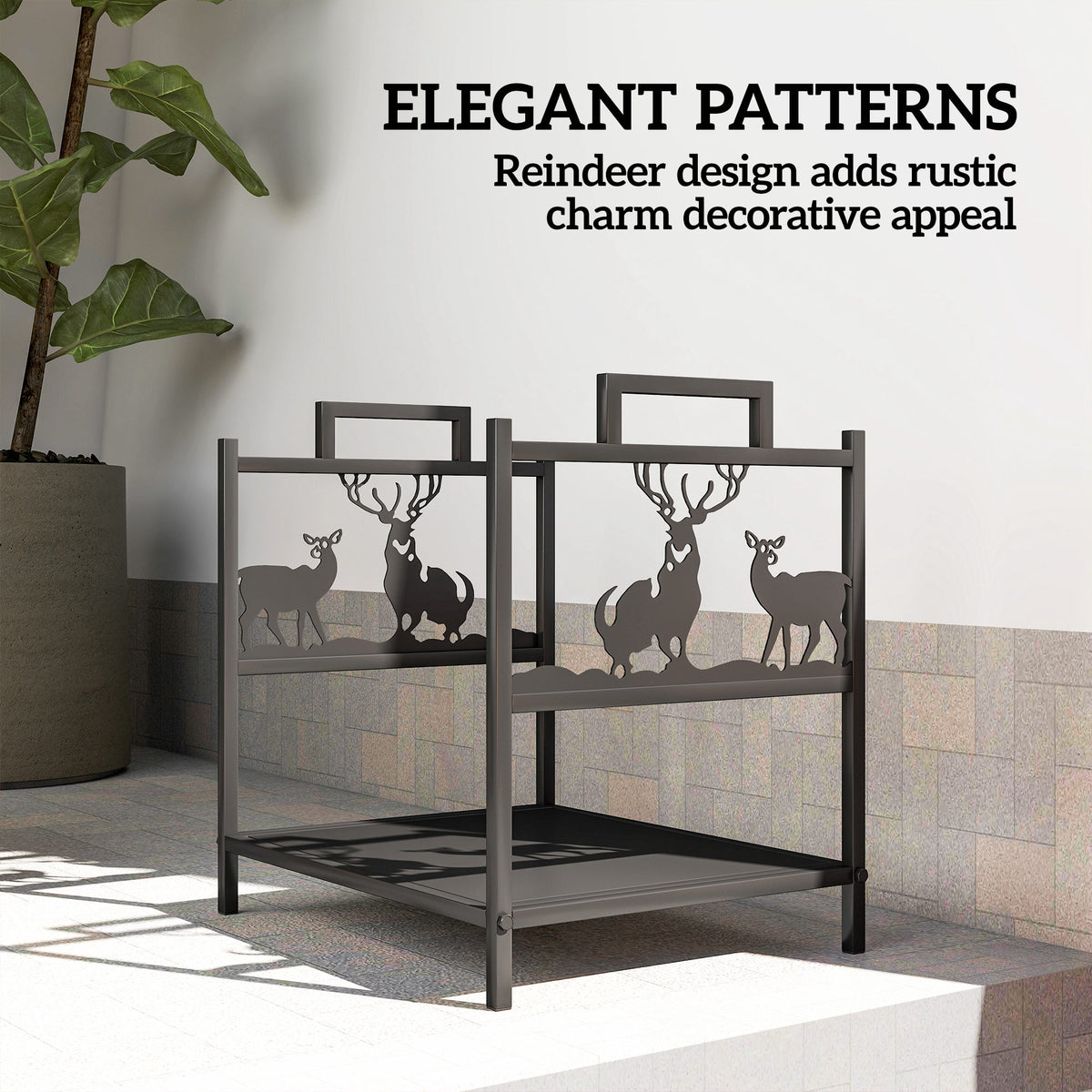 Firewood Rack - Black Reindeer Design Metal Log Holder-Home Furnishings > Home Décor > Fireplaces & Accessories > Firewood Racks-DECOROLALA