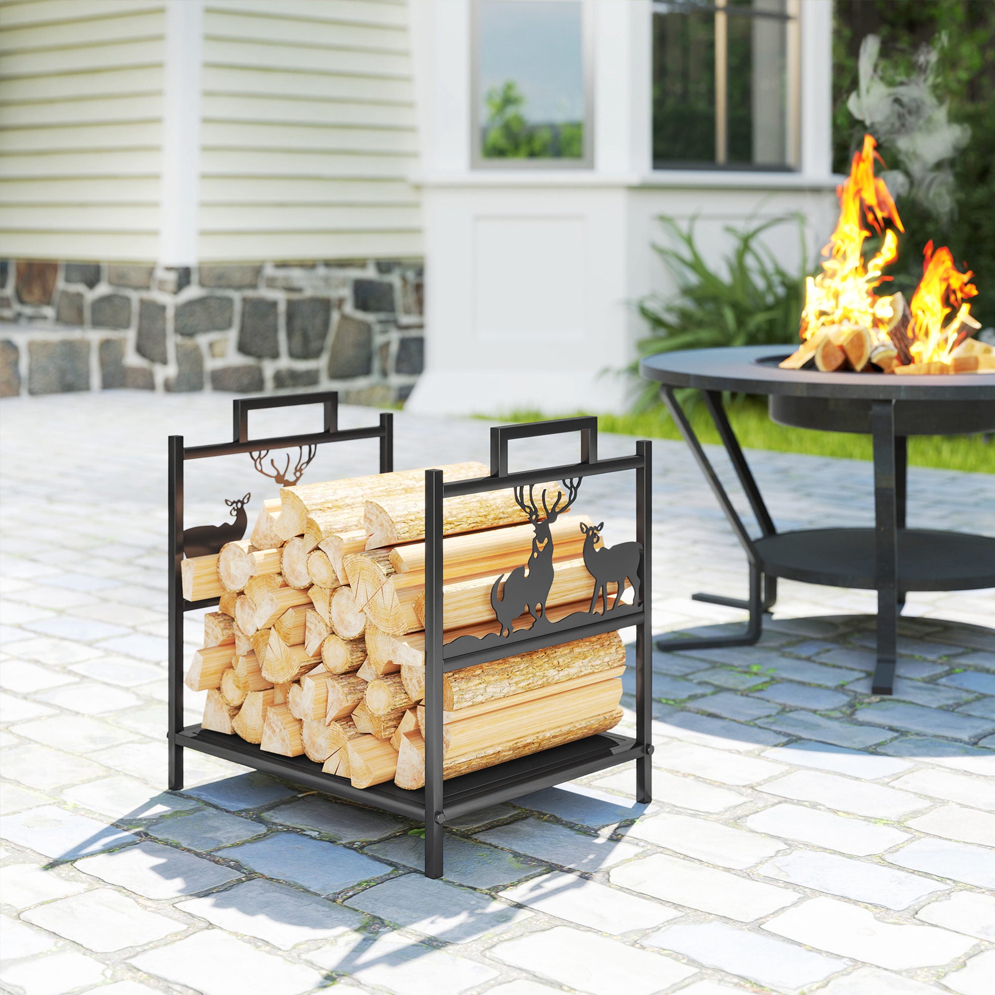Firewood Rack - Black Reindeer Design Metal Log Holder-Home Furnishings > Home Décor > Fireplaces & Accessories > Firewood Racks-DECOROLALA
