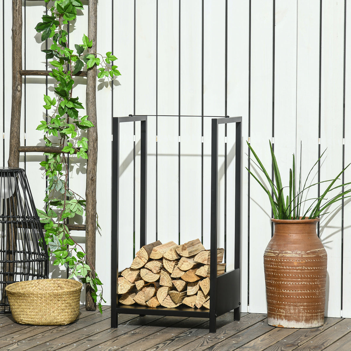 Firewood Rack - Black Steel Indoor Outdoor Log Holder-Firewood Racks-DECOROLALA