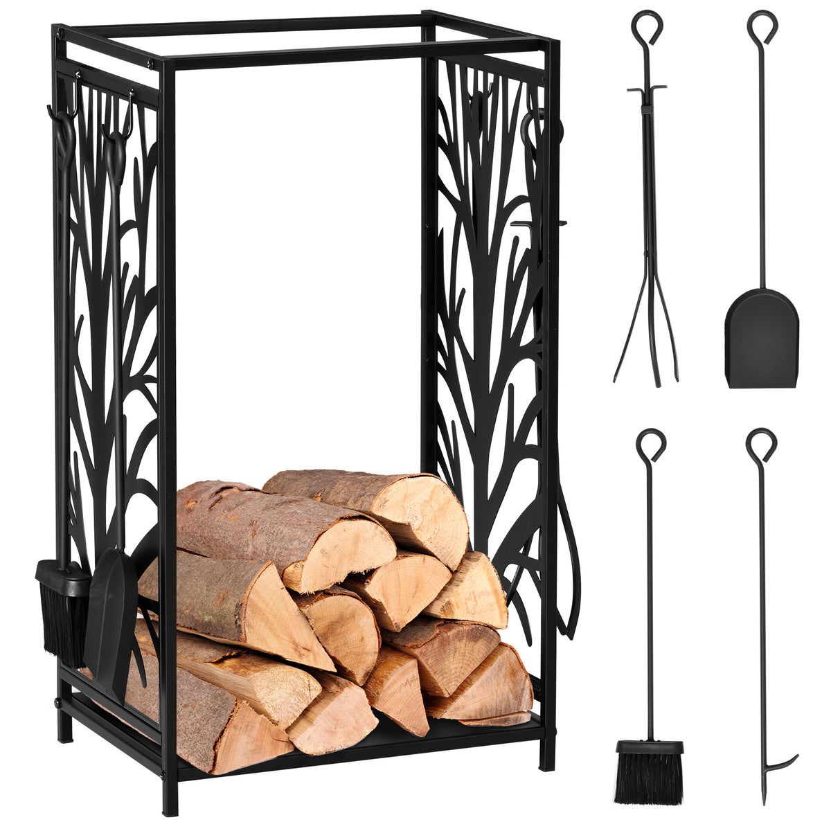 Firewood Rack with 4 Tools - Black Steel Log Holder-Firewood Racks-DECOROLALA