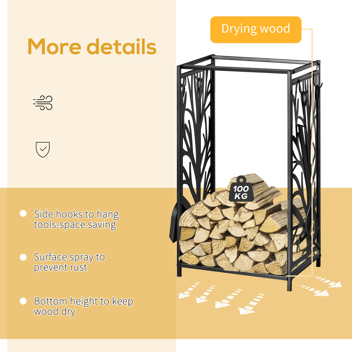 Firewood Rack with 4 Tools - Black Steel Log Holder-Firewood Racks-DECOROLALA