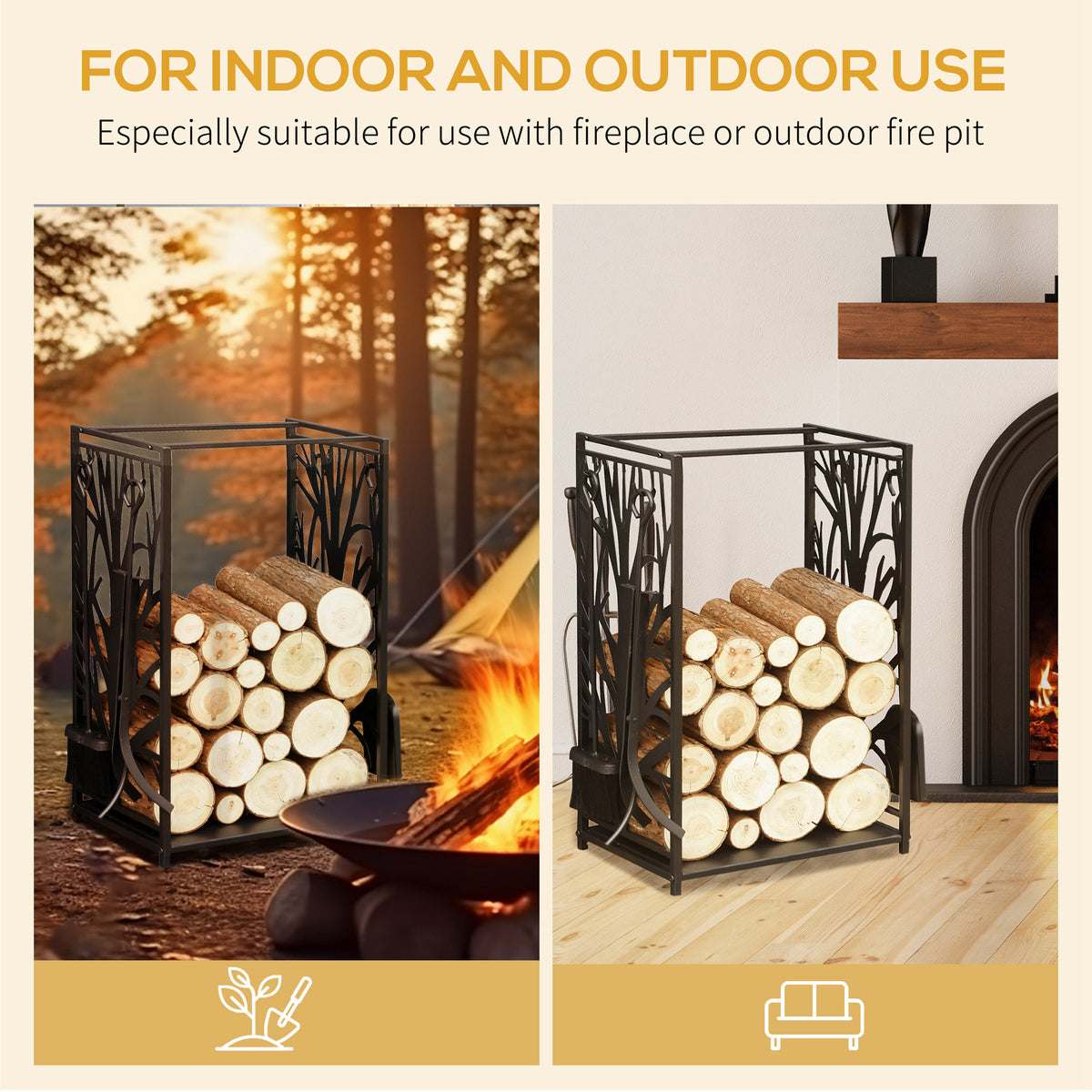 Firewood Rack with 4 Tools - Black Steel Log Holder-Firewood Racks-DECOROLALA