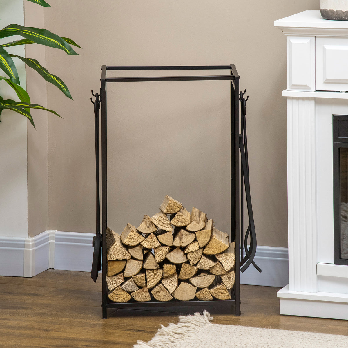 Firewood Rack with 4 Tools - Black Steel Log Holder-Firewood Racks-DECOROLALA