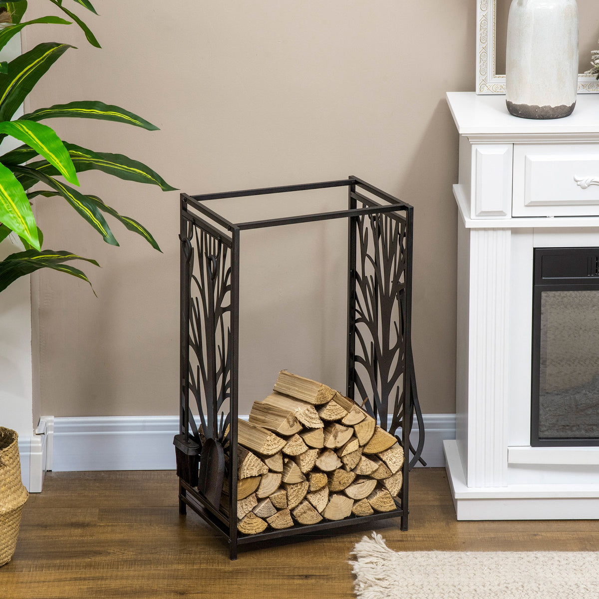 Firewood Rack with 4 Tools - Black Steel Log Holder-Firewood Racks-DECOROLALA