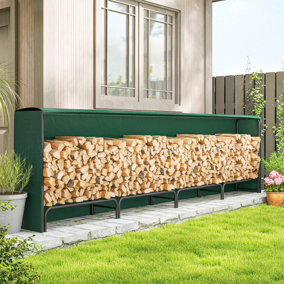 Firewood Rack with Waterproof Cover - 142" Dark Green-Firewood Racks-DECOROLALA